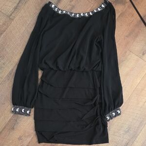 Jodi Kristopher Black Long Sleeve Dress with Embellished Neckline